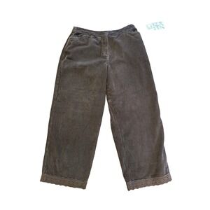 J. Jill Shale Brown Corduroy Lace Trim Wide Leg‎ Pants 14P Petite Lagenlook NWT